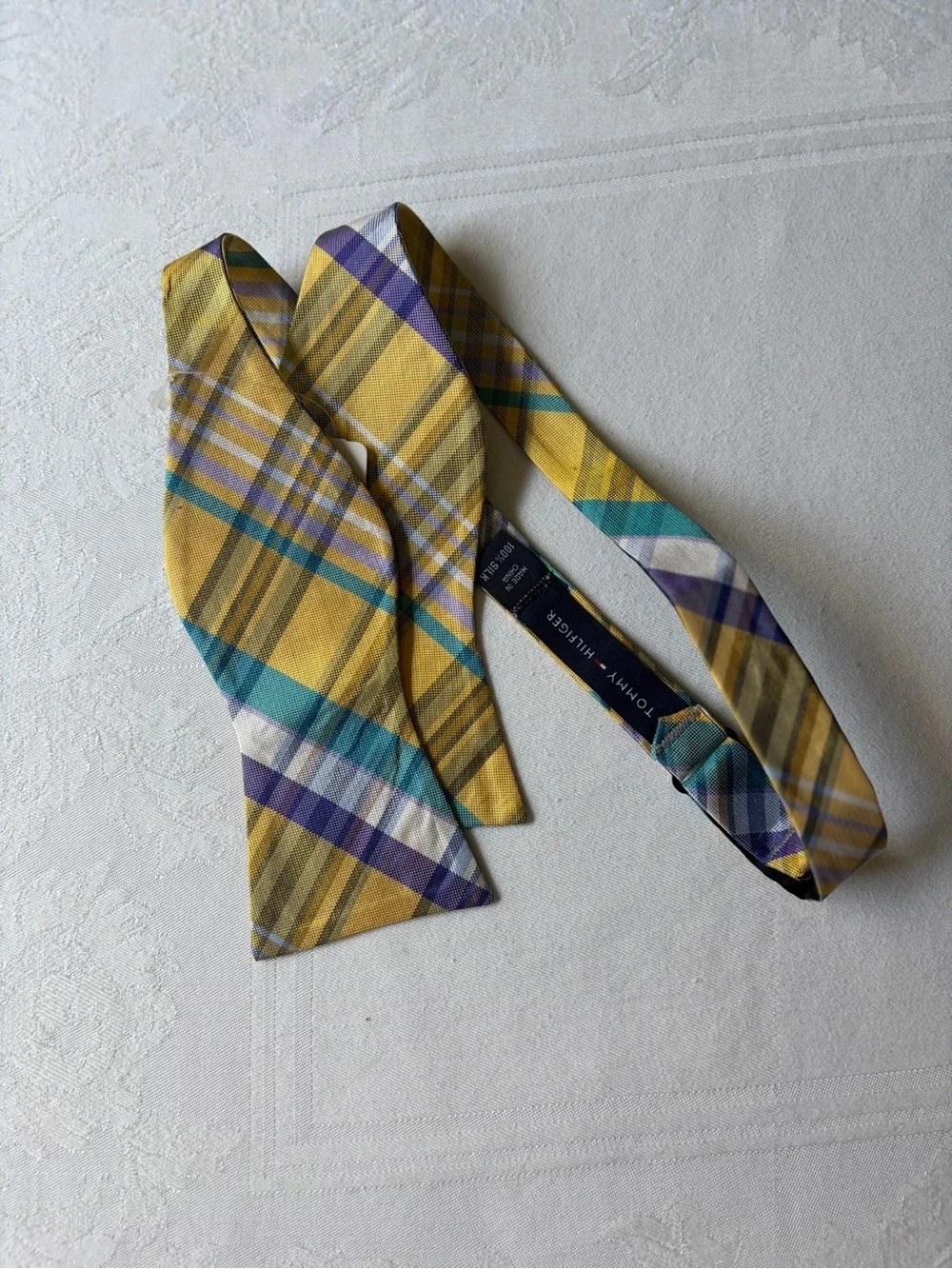 Tommy Hilfiger Yellow Plaid Silk Bow Tie